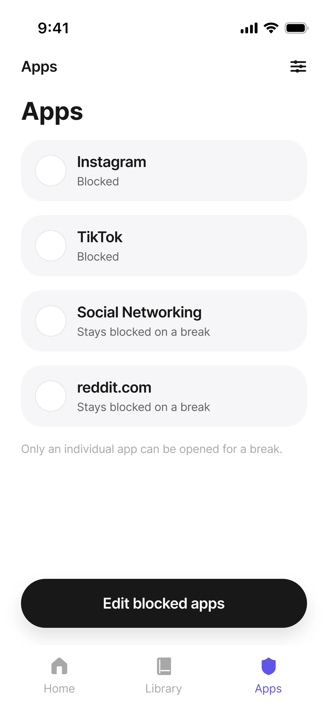 The ScrollTax Apps screen, listing the apps it blocks