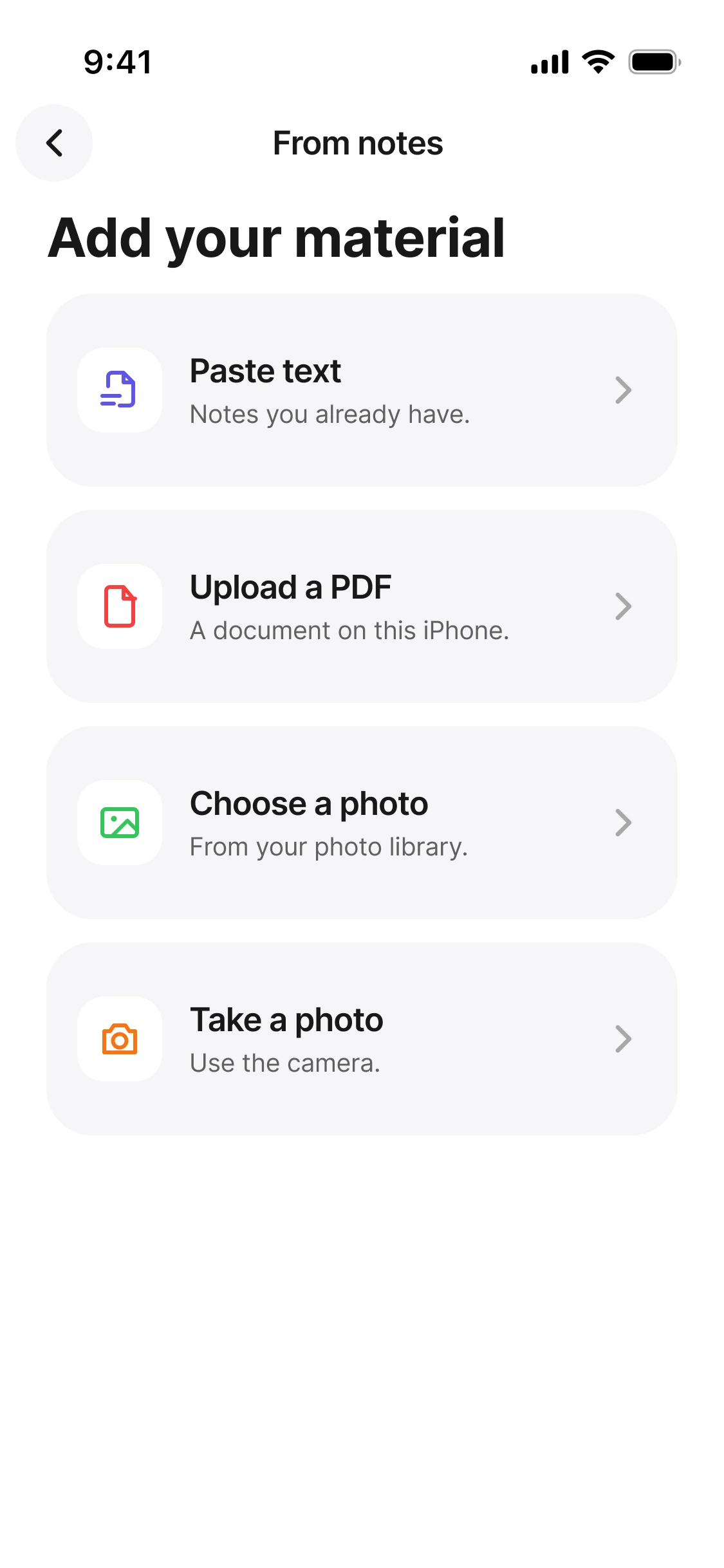 The ScrollTax screen for adding study material: paste text, upload a PDF, or use a photo